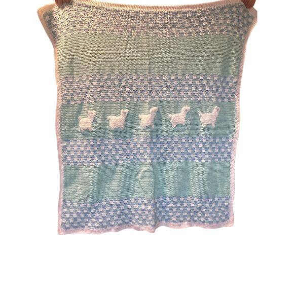 Baby nursery crochet handmade afghan blanket lambs white green blue 38" x 43" - Picture 3 of 9